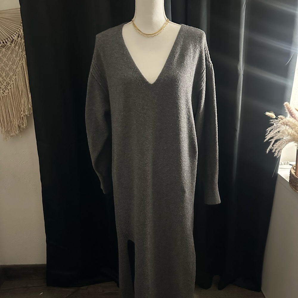 Gray V-Neck Sweater Dress